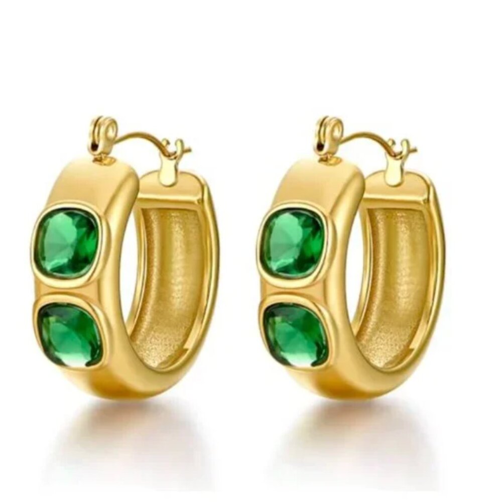 Green Lightweight 14k Gold plated Earrings Elegant Chunky Hoops